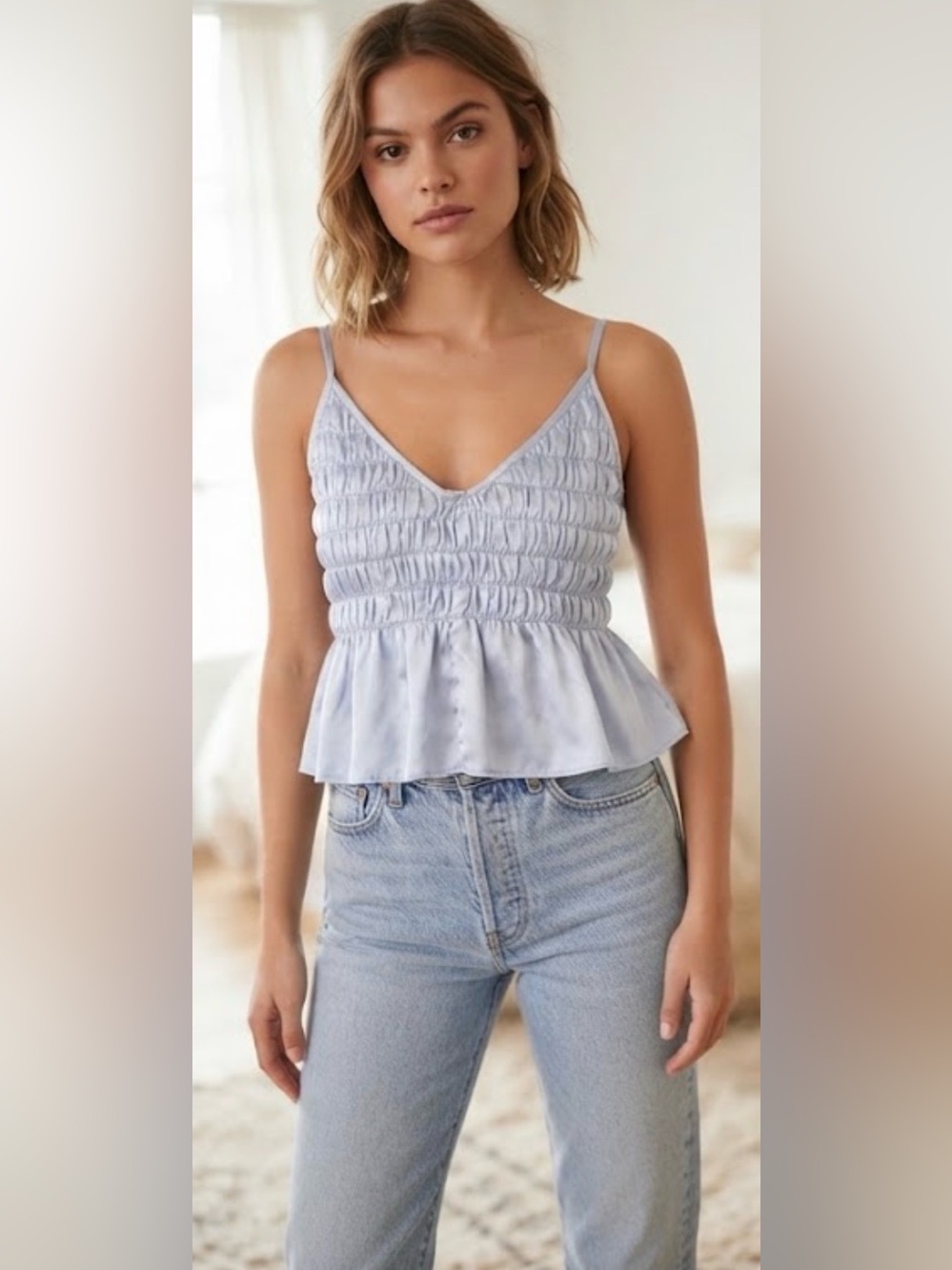 Urban Outfitters Silver Satin Smocked Peplum Cami Babydoll Coquette Top Size XS